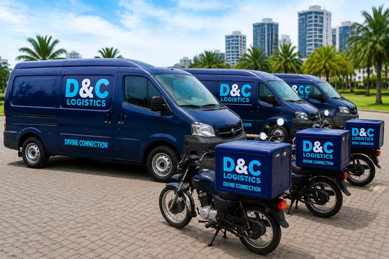 Three D&C Logistics delivery vans and branded dispatch bikes lined up ready for the day