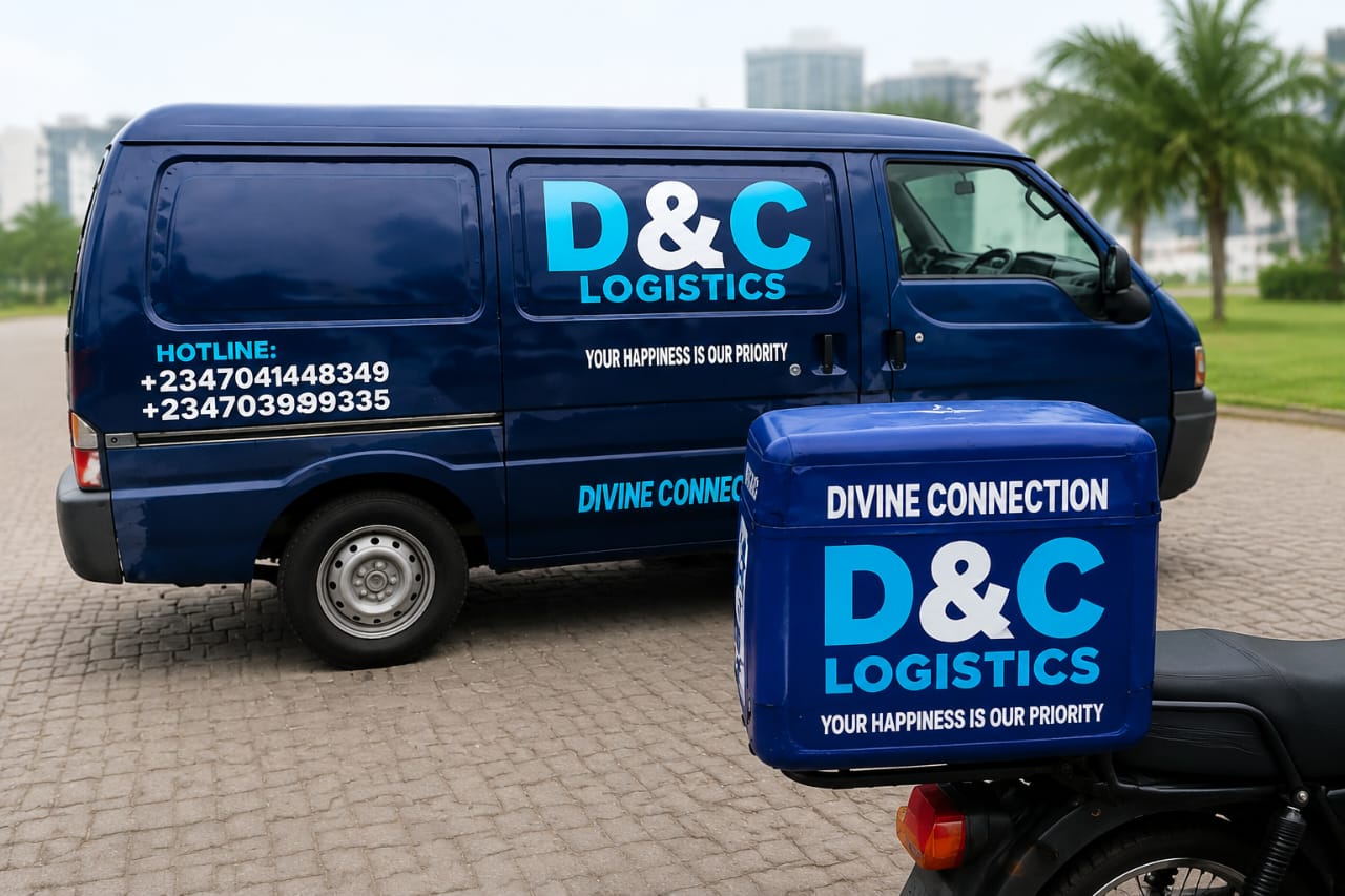 D&C Logistics delivery van and dispatch bike with hotline numbers on the side